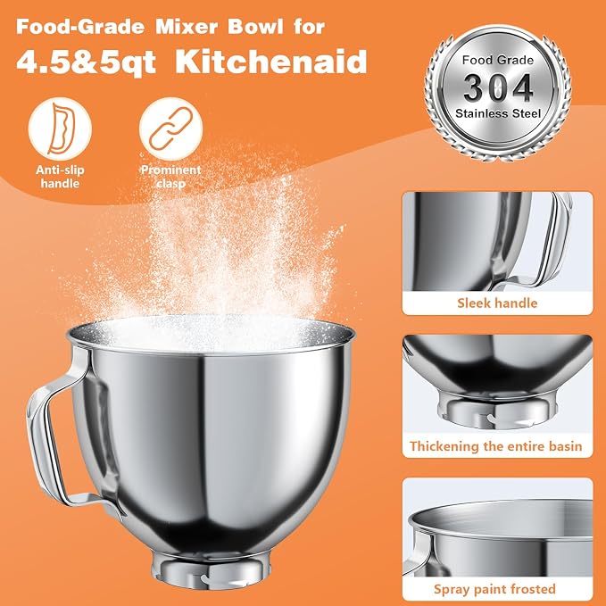 5 QT Stainless Steel Mixer Bowl for KITCHENAID TILT-HEAD 4.5-5 Qt Mixer | Anti-slip handle & Prominent Clasp, Food-Grade, Stainless Steel Polished