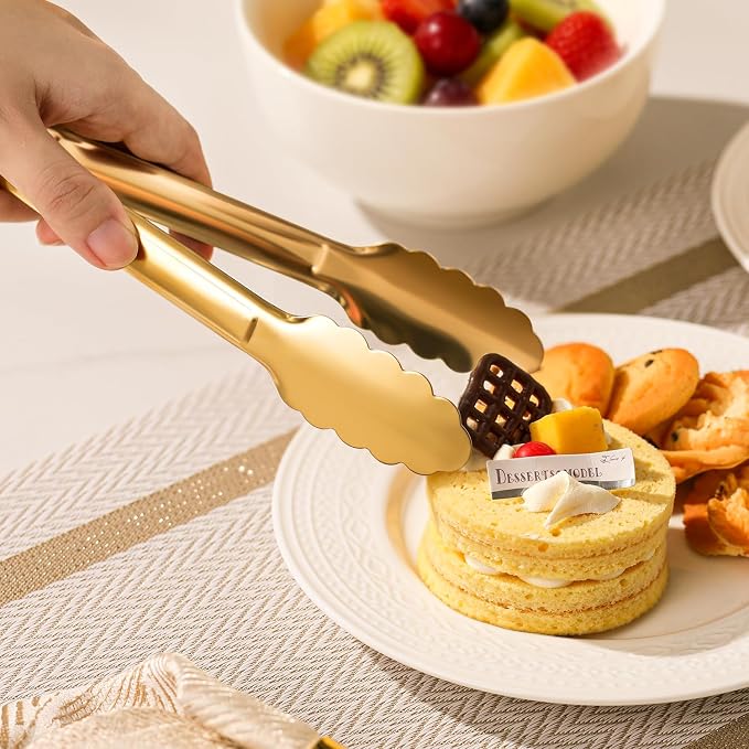6-Pack Kitchen Tongs, 9-Inch Gold Metal Tongs | Stainless Steel Serving Tongs with One-Piece Scalloped Grip for Salads, Cooking, Buffets, Charcuterie and Parties