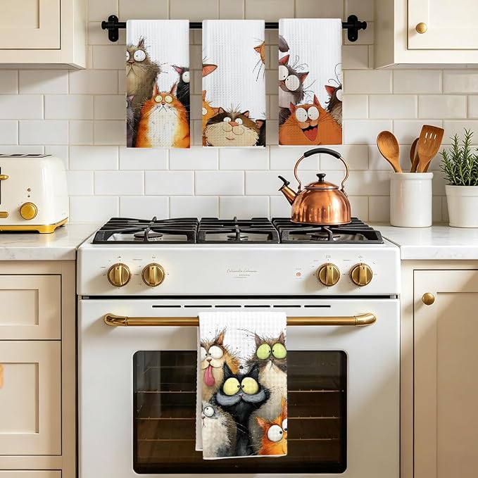 4 Pcs Cute Cat Kitchen Towels, Funny Cats Gifts Absorbent Hand Towels-01 | Cat Dish Cloths for Drying Dishes, Cats Waffle Dish Towels for Kitchen Home Bathroom Decor, Cat Lover Gifts for Women Mom