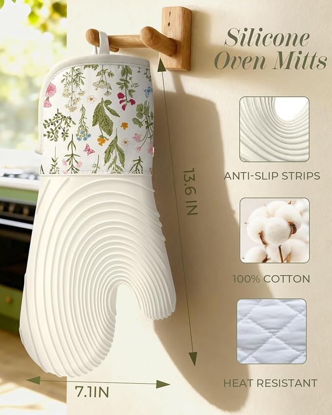 Slohif Long Silicone Oven Mitts Heat Resistant for Women - 2 Pcs Beige Floral 100% Cotton Oven Gloves, Non-Slip and Waterproof Silicone Oven Mitts with Hanger for Baking and Cooking