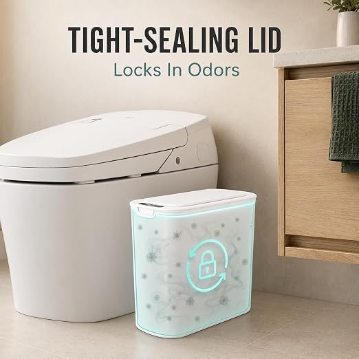 TIPGO Automatic Small Bathroom Trash Can with Lid, 2.6 Gallon, White | Motion Sensor, Plastic, Touchless, Odor Control, Smart Garbage Can, Battery Operated, Manual Button, for Bedroom, Office