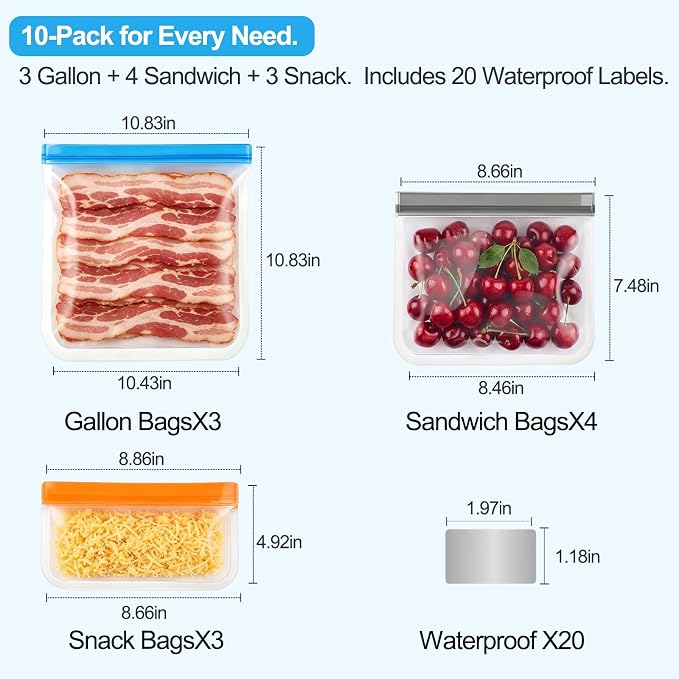 10 Pack DualSeal Reusable Snack & Sandwich Bags, Dishwasher Safe BPA Free | Reusable Freezer Bags, Reusable Gallon Bags for food Marinating, Lunch, Meal Prep, 3 Gallon 4 Sandwich 3 Snack