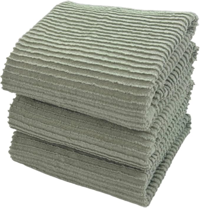 Sage Green Kitchen Hand Dish Towels, Set of 3, 100% Cotton, 18" x 28" | Terry Loop Ribbed Textured, Soft & Absorbent Cleaning Cloth, Quick Dry, Multipurpose for Everyday Use