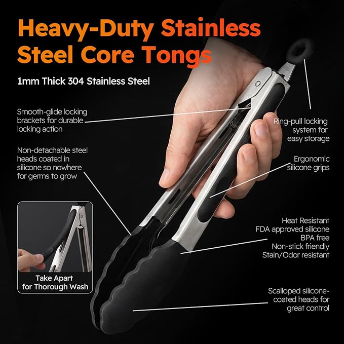 HST Tongs for Cooking with Silicone Tips(3 Pack), Non Stick Kitchen Tongs with Silicone Tip for Cooking BBQ Baking (9", Black)
