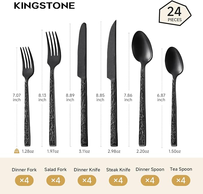 24 Pcs Black Hammered Silverware Set with Steak Knives for 4, 18/10 Stainless Steel Heavy Duty Flatware Set, Tableware Cutlery Utensil Sets for Home Restaurant Dishwasher Safe