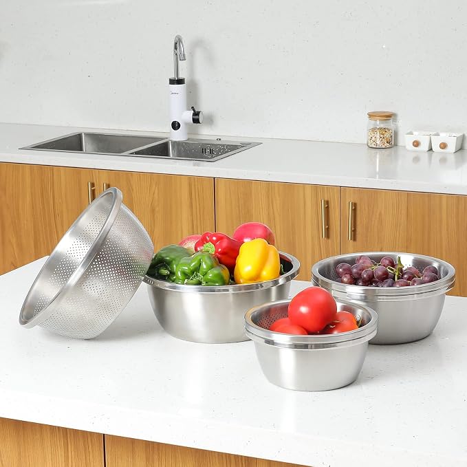Paoli 304 Stainless Steel Fine Mesh Colander Set, 1.5QT Large Capacity Strainer with Mixing Bowl — Rinse Fruits, Veggies, Rice & Drain Pasta, Dishwasher Safe (2-Piece)