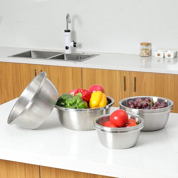 Paoli 304 Stainless Steel Fine Mesh Colander Set, 3.5QT Large Capacity Strainer with Mixing Bowl — Rinse Fruits, Veggies, Rice & Drain Pasta, Dishwasher Safe (2-Piece)