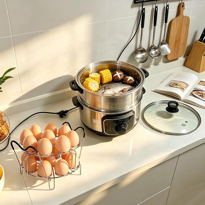 304 Stainless Steel Stackable Egg Steamer Rack Holds 18 Eggs | Double-layer Wire Steaming Rack & Skewers with Heat-Resistant Handles for 6qt/8qt Pressure Cooker Grilling