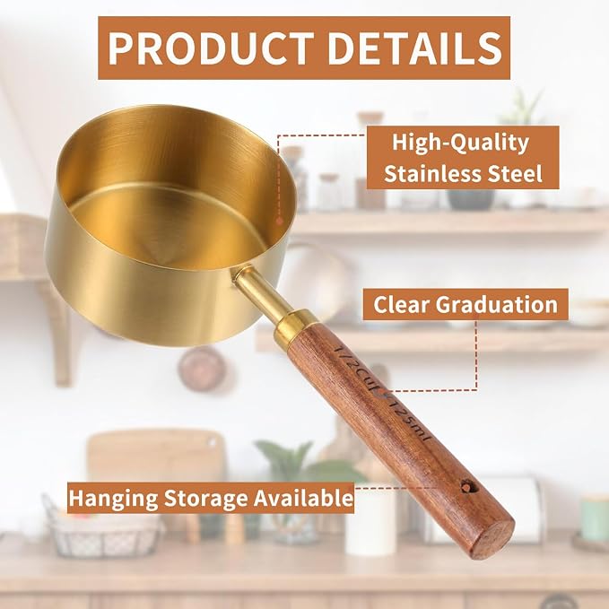 Golden Steel Measure Cups Spoons Wood Handle US Metric Cooking Baking | Food grade golden steel rustproof nonstick safe non slip wood handle US metric marks easy bake cook clean