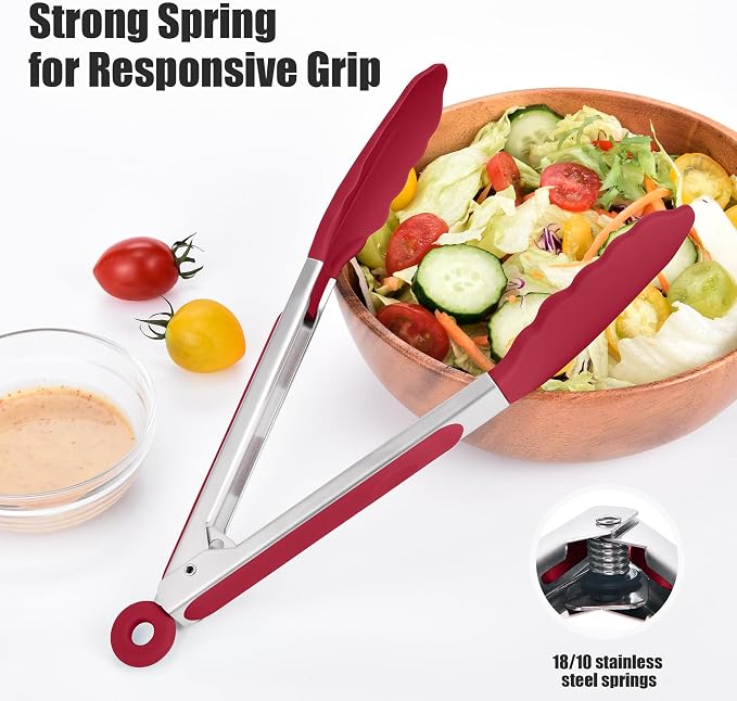 Doosu Kitchen Tongs with Silicone Tips for Cooking Serving (9in, Red) | 600°F Heat Resistant Food Tong, Heavy Duty Stainless Steel Locking Tong for BBQ, Grilling Steak, Salad, Toast, Pasta