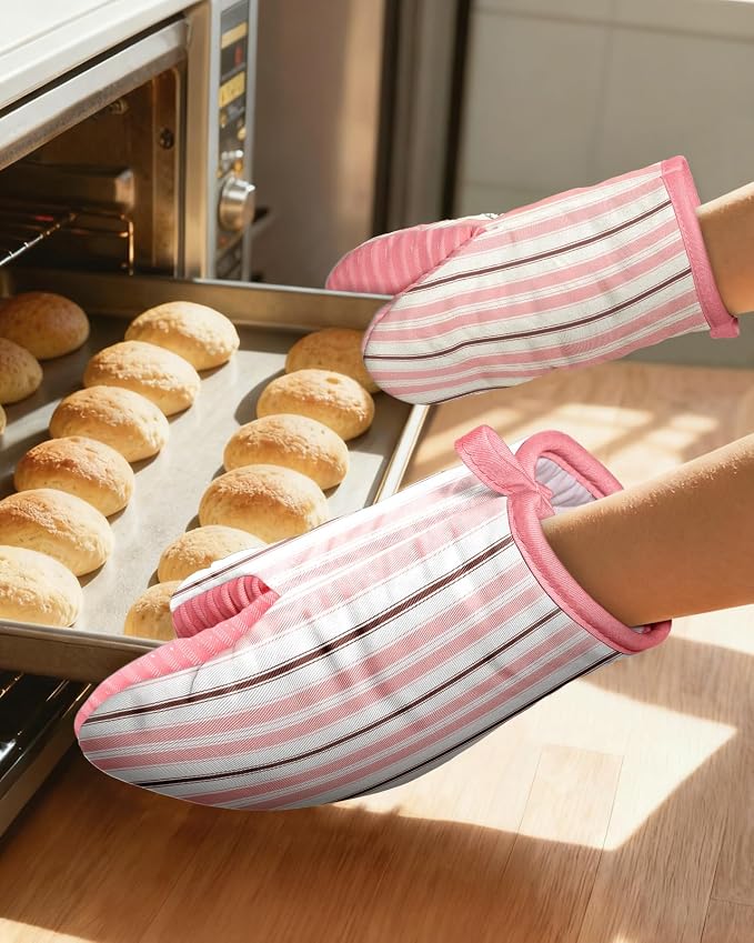 100% Thick Cotton Mini Oven Mitts Silicone Grip Pink Stripe | Elegant Classic Oven Mitts for Women, Machine Washable, Non-Slip, Reversible Design Fits Both Hands, Stylish Kitchen Decor