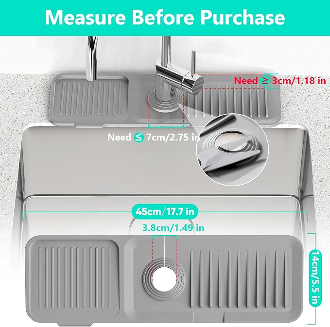 17.7'' Faucet Mat for Kitchen Sink [5°Slope Fast Self-draining] Kitchen Sink Splash Guard Silicone Kitchen Sink Faucet Mat Splash Guard for Kitchen Sink Area Tidy Splash Faucet Guard Draining Mat