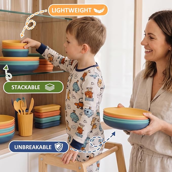 PYRMONT Wheat Straw Dinnerware Sets Unbreakable Dish Set for 4 Dishwasher & Microwave Safe Plates and Bowls Sets 28 PCS Alternative Plastic Dishes Set for Camping,Picnic,BBQ-Colorful