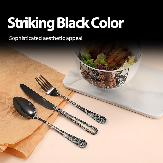 Wave Cutlery Set 20 Pieces Stainless Steel Flatware Set Service for 4 Utensils For Home Kitchen Wedding Laser Engraved Dishwasher Safe (All Black)