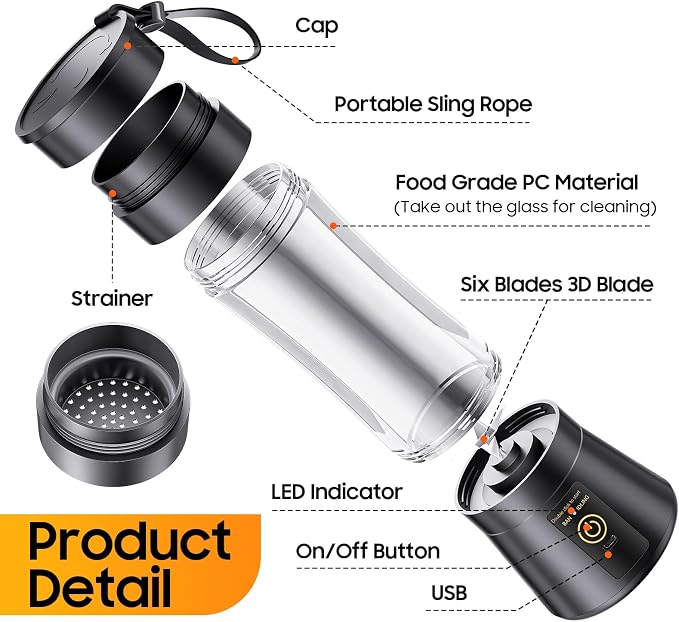 Personal Size Portable Blender Make Smoothies - Mini Blender 12oz Juice Cup | Powerful Blending with 6 Stainless Steel Blades, BAP-Free, Lightweight, Easy Clean,Suit in Travel/Office/Gym/Picnic/ Sports