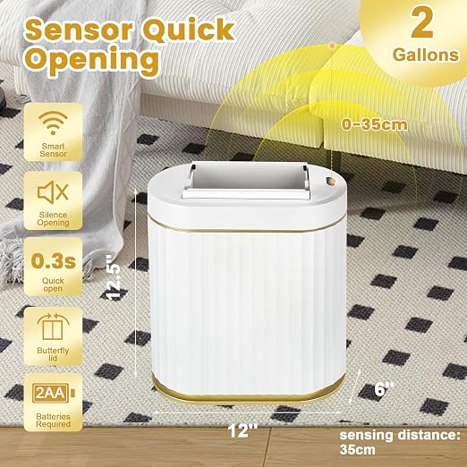 ELPHECO Motion Sensor Bathroom Trash Can with Lid 2 Gal Automatic Trash Can | Butterfly Lid, Room Decor Bathroom Accessories, Motion Sensor Wastebasket Garbage Can, Kitchen Living Room Office, White Gold