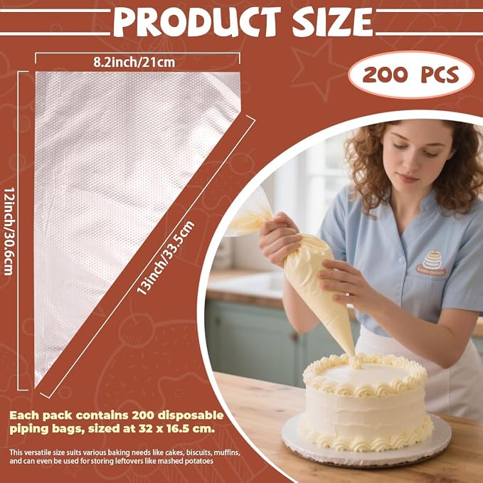 200PCS 12 Inch Disposable Piping Bags, Icing Piping Bags for Frosting, Thickened Non-Slip and Anti-Burst Pastry Bags for all Size Tips Couplers and Baking Cookies Candy Supplies Kits