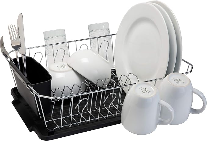 Kitchen Details 3 Piece Dish Rack | Drying Rack, Cutlery Basket & Drainboard Tray | Countertop | Self Draining | Open Wire Design | Chrome | Black