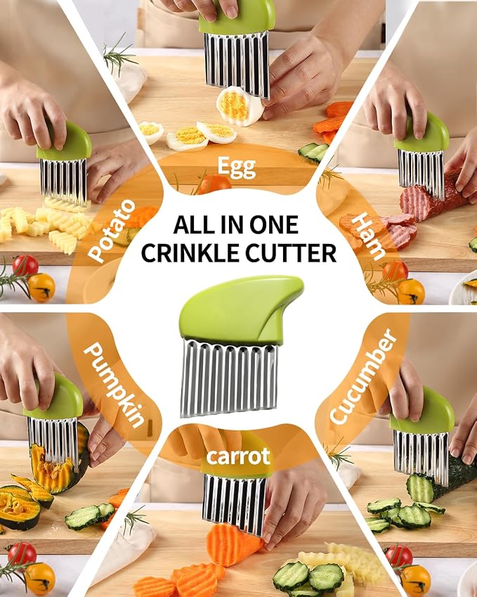 Crinkle Cutter Stainless Steel Potato Slicer Heavy Duty Wavy Crinkle Cutting Chopping Tools with Wooden Handle for Carrot Veggies (2, Green)