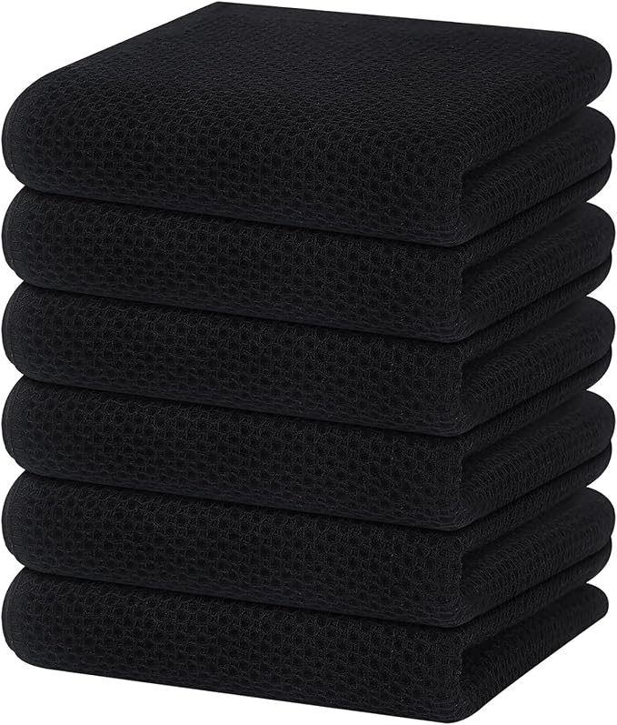 Homaxy 100% Cotton Waffle Weave Kitchen Dish Towels 6-Pack, Black | 13 x 28 Inches, Ultra Soft Absorbent Dish Towels, Quick Drying Cleaning Towels