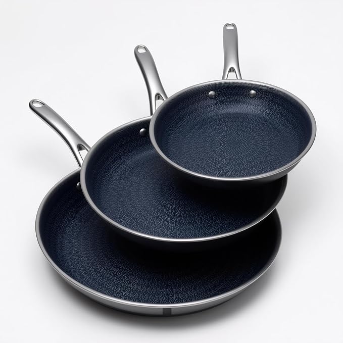 Ammeloo Hybrid Tri-Ply Stainless Steel Frying Pans Set, 8"/9.5"/11" Cooking Pans, Non Stick Frying Pans and Skillets, Chef Pan, Non Toxic, Dishwasher Safe, Induction Compatible, Blue Interior