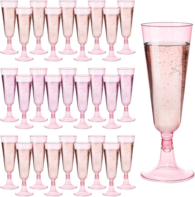 GuanQiao 200 Pack Pink Plastic Champagne Flutes, 5.5 Oz Clear Disposable Plastic Champagne Glasses, Wine Glasses Cups for Wedding Celebration Birthday Party Wine Tasting New Years Eve Party Supplies