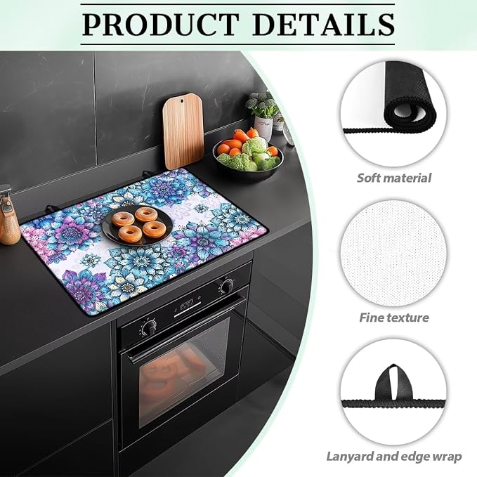 Bohemian Lotus Flower Print Stove Top Covers for Electric Stove Heat Resistant Silicone Cooktop Cover Anti-Slip Stovetop Protector Coffee Machine Mat for Kitchen, 29.18 x 20.96 inch