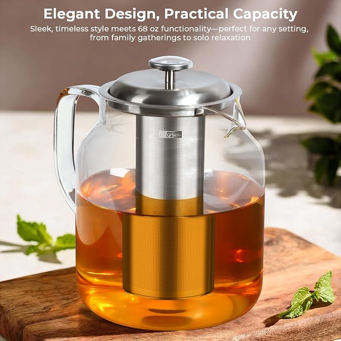 Aquach 68oz Glass Teapot with Thermometer, Stovetop Safe Tea Pot | Dishwasher Safe, Borosilicate Glass, Family Capacity, Precise Loose Leaf Filter, Easy-clean