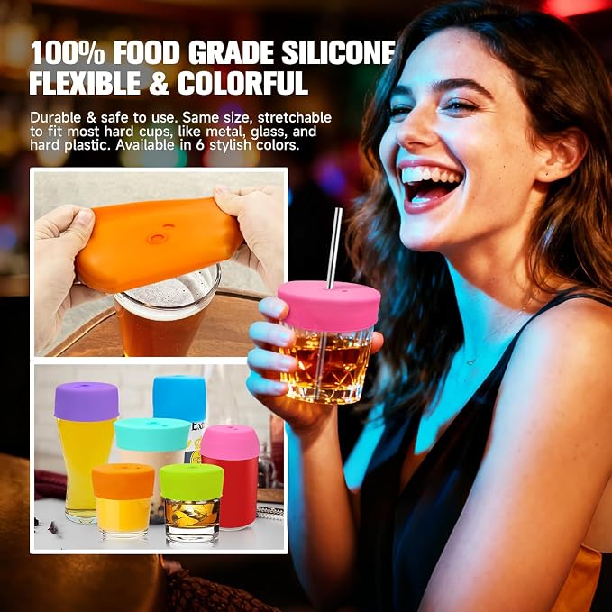 Drink Protection Cover | 100% Silicone and Reusable, Perfect for Parties, Bars or Clubs, Fits All Cup Sizes | Stop Worrying About Beverage Safety (6 Colors) | No Spills, Food Grade Silicone, Stretch to Fit Most Hard Cups, Stop Worrying About Beverage S...