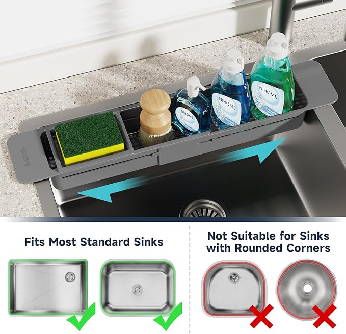 NiHome Extendable Kitchen Sink Caddy Extra Long Brush Sponge Storage Holder | Expandable Kitchen In Sink Organizer Extra Long for Brush Sponge with Drainage, Adjustable Length Non-Slip Pads (Dark Gray)