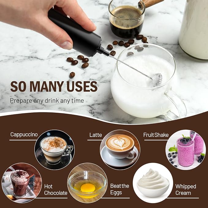 Milk Frother Wand for Coffee,Foamer,Latte,Cappuccino,Chocolate,Egg(Black) | Rechargeable Electric Handheld Frother Whisk with 5 Heads 2 Speeds