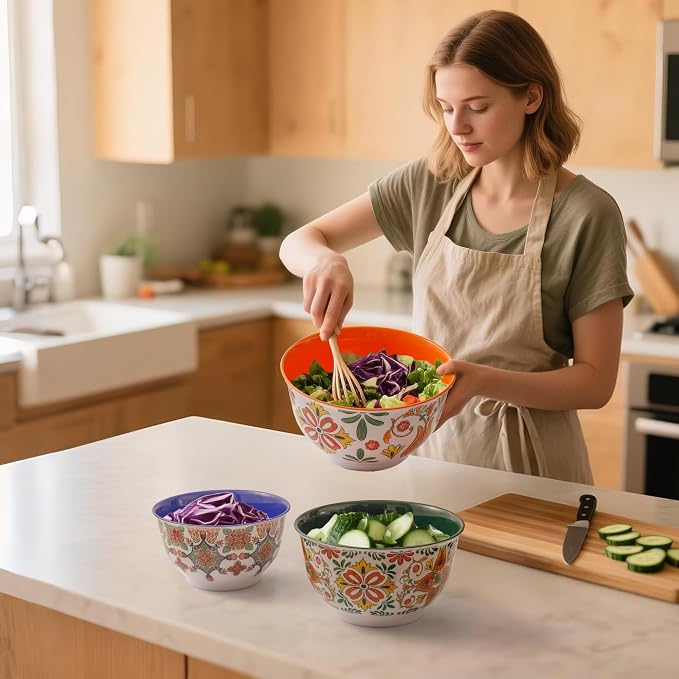 TP Melamine Mixing Bowl Set with Lids, Salad Bowl Set of 3, Aztec Bloom | Nesting Design,Break-resistant,Pasta & Salad Prep, Baking Prep, Space-saving Storage, Freezer Safe, Dishwasher Safe