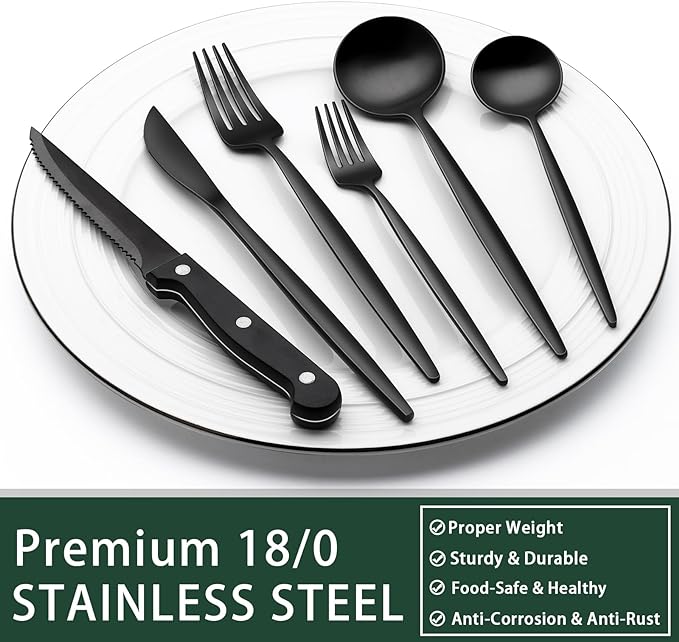 EWFEN 24-Piece Black Silverware Set with Steak Knives, Black Flatware Set for 4, Food-Grade Stainless Steel Tableware Cutlery Set, Mirror Finished Utensil Sets for Home Restaurant, Long Edge