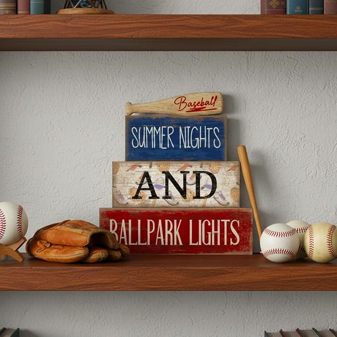 Lineshading 4 Pcs Baseball Wooden Blocks Sign with Bat, Blue White Red | Summer Nights Ballpark Lights Farmhouse Style, Party Centerpiece Room Tiered Tray, Stackable Blocks for Fans Boys Decor