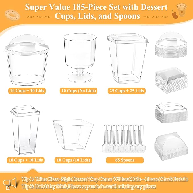 Plastic Dessert Cups with Lids and Spoons 3 oz, 3.5 oz and 5 oz | Mini Dessert Cups with Lids, Clear Yogurt Cups with Lid, Small Appetizer Cups for Fruit Party Pudding Shooter 185 packs