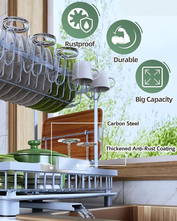 2-Tier Dish Drying Rack for Kitchen Counter, Space-Saving, Blue | Rustproof Carbon Steel, Auto Drain Spout, Space-Saving Dish Rack with Drainboard, Utensil & Cup Holders, Countertop Organizer