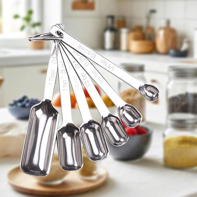 Stainless Steel Teaspoon Measuring Spoons Set of 7 with Leveler | Long Handle Rectangular Metal Teaspoon Tablespoon for Measuring Kitchen Spice, Dry & Liquid Ingredients