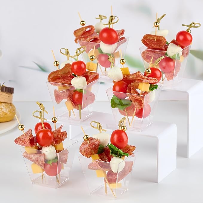 50 Sets 7 oz Plastic Charcuterie Cups with 200 Sticks, Square Appetizer Cup with Cocktail Picks Mini Party Serving Cups for Fruit, Snack, Dessert