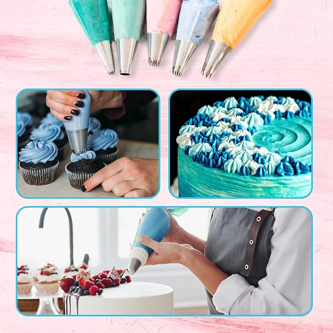 Piping Bags and Tips Set, 11.8 Inch 100 Anti Burst Piping Bags, 124 Pcs Cake Decorating Kit with 16 Piping Tips, 1 Reusable Pastry Bags, 3 Cake Scrapers, 2 Couplers, and 2 Icing Bags Ties