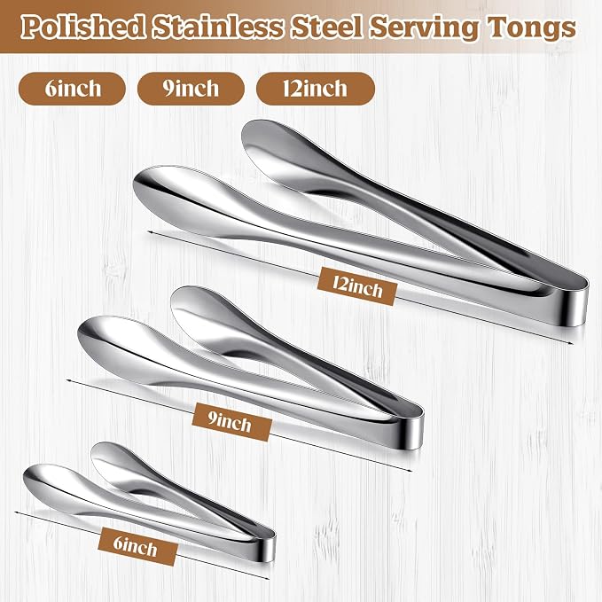 3 Pack Polished Stainless Steel Serving Tongs 6, 9 and 12 Inch Metal Food Silver Tong for Buffet Salad BBQ Grilling Heavy Duty Kitchen Utensils for Cooking Catering Wedding Party
