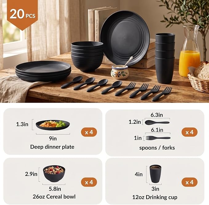 Wheat Straw Dinnerware Sets, Homienly 20pcs Unbreakable Microwave Dishwasher Safe Tableware Lightweight Bowls, Cups, Plates Set Reusable Dinner Plates Bowls set (Matte Black)