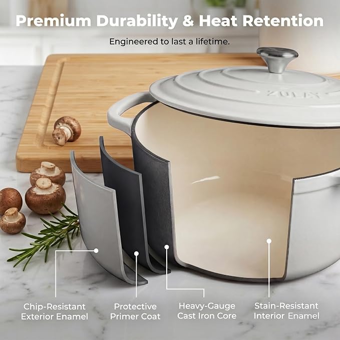Zulay Kitchen 7.7 Quart Enameled Cast Iron Dutch Oven Pot with Lid – Premium Durability & Oven Safe up to 500°F – Heavy Duty Cookware Perfect for Bread Baking, Stews, Braising & Roasting – White