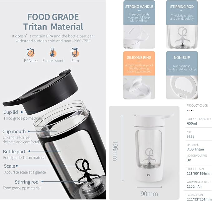 Electric Shaker Bottle 22oz Rechargeable Self Stirring Cup BPA Free Tritan | Portable, leak-proof, easy clean, powerful motor. For protein, coffee, milk, gym, kitchen, office, school, travel