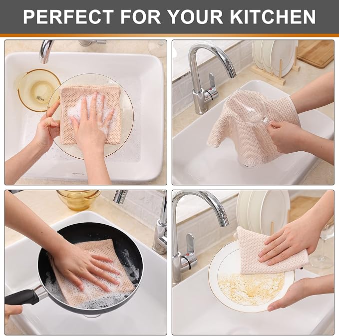 Kitinjoy 100% Cotton Waffle 6-Pack Kitchen Towels, 12" x 12", Beige | Ultra Absorbent, Super Soft, lightweight, Quick Drying Dish Rags for Washing Dishes