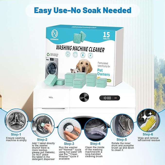 Washer Machine Cleaner Tablets 15 Pcs + Dryer Vent Cleaner Kit 12 Pack | Crevice Cleaning Brush for Bathroom, Shower & Kitchen, All-in-One Multi-Surface Scrubbing Brushes,Formulated for Pet Owners