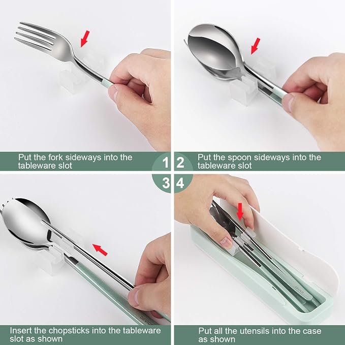 DEVICO Travel Utensils with Case, 4Pcs Portable Silverware Set for Work, 18/8 Stainless Steel Reusable Cutlery, Korean Spoon and Chopsticks Fork for Camping, School, Lunch Box Accessories (Green)
