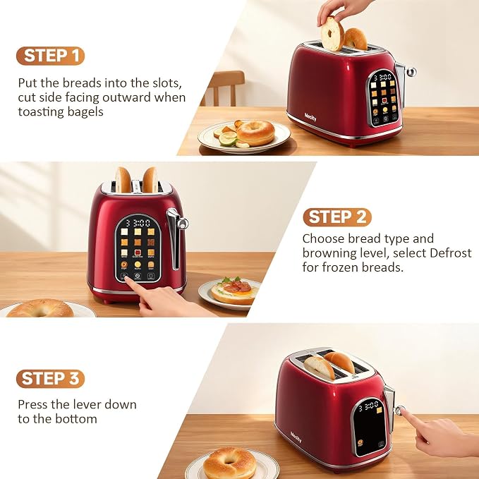 Mecity Toaster 2 Slice, Touch Screen Wide Slot Retro Toaster For Breads Bagel Muffin Waffle, House Warming Gift New Home, 120V 825W, Red Pearl