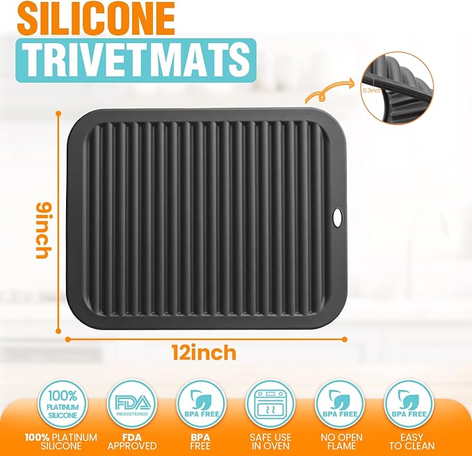Silicone Trivets for Hot Pots and Pans - 2 Heat Resistant Pot Holders Silicone Trivet Mat Multipurpose Counter Pads (Black)