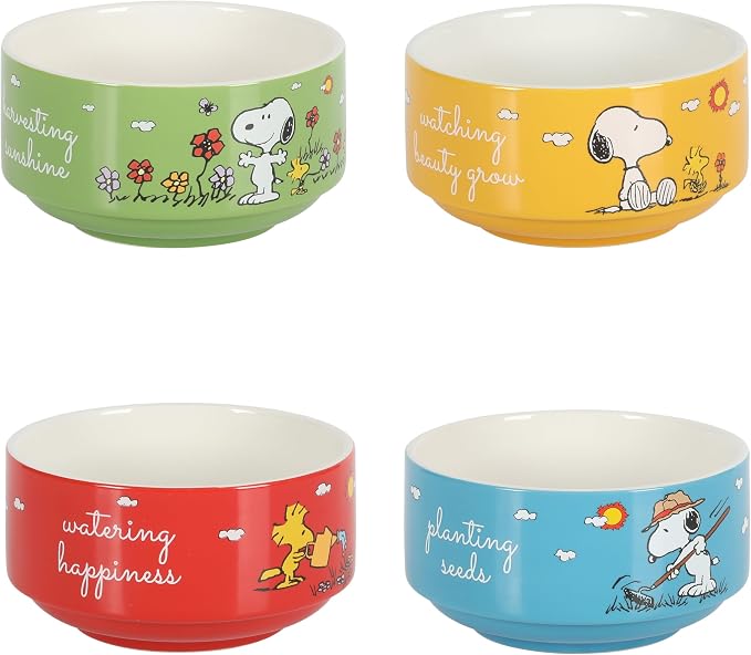 Peanuts Snoopy 5.5-Inch Decorated Stoneware Bowls, Stackable 4-Pack Bowl Set for Cereal, Snacks, or Dessert, Dishwasher & Microwave Safe