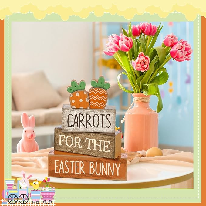 Lineshading 4 Pcs Wooden Tiered Tray Decor, Farmhouse Carrots Block Signs | Rustic Wooden Signs with Carrot Cutouts, Easter Spring Tabletop Decorations, Stackable for Farmhouse Home Displays